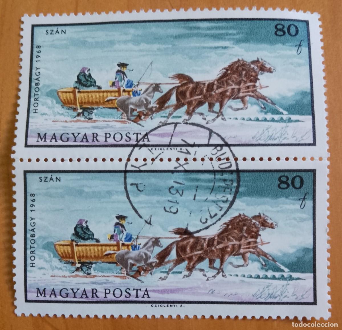 Sellos: HUNGRIA - TIRA 2 SELLOS V/F 80, HORTOB&Aacute;GY - CUNA PARA DORMIR, TIRO DE CABALLOS. A&Ntilde;O 1968