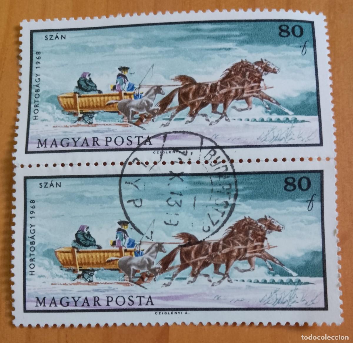 Sellos: HUNGRIA - TIRA 2 SELLOS V/F 80, HORTOB&Aacute;GY - CUNA PARA DORMIR, TIRO DE CABALLOS. A&Ntilde;O 1968