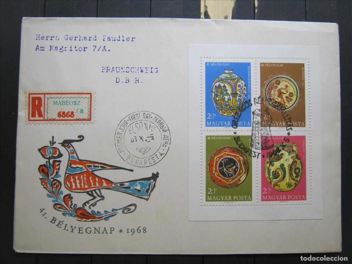 Sellos: HUNGR&Iacute;A 1968 FDC SPD PRIMER D&Iacute;A YVERT HB 72 LUJO.