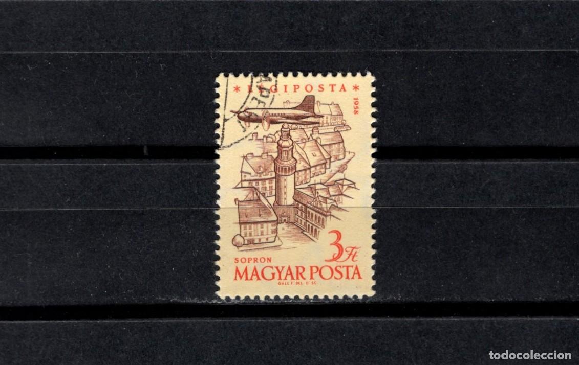 Sellos: Sello usado. Vista aerea Torre del Fuego de Sopron. Sello 3 forint. 1958. Yvert PA219.