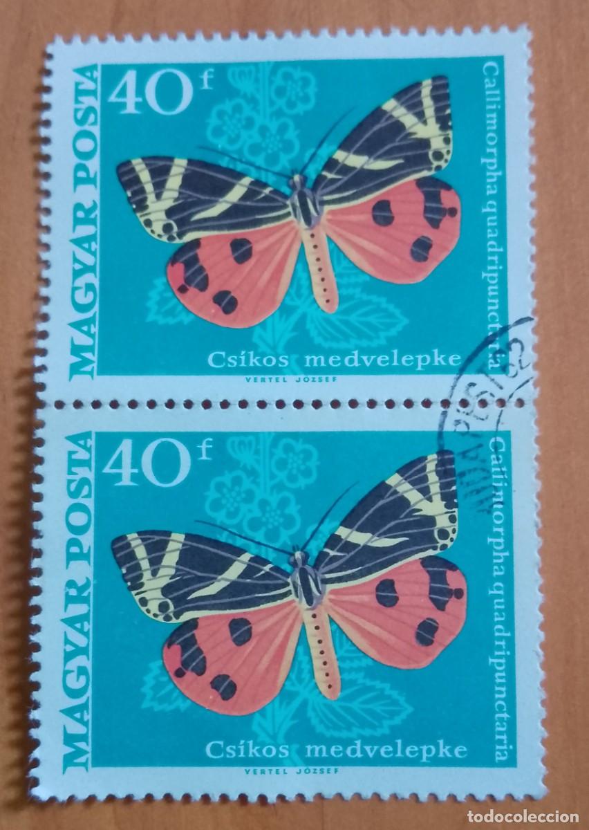 Sellos: HUNGRIA - V/F 40 F - FAUNA. MARIPOSA - TIRA CON DOS SELLOS