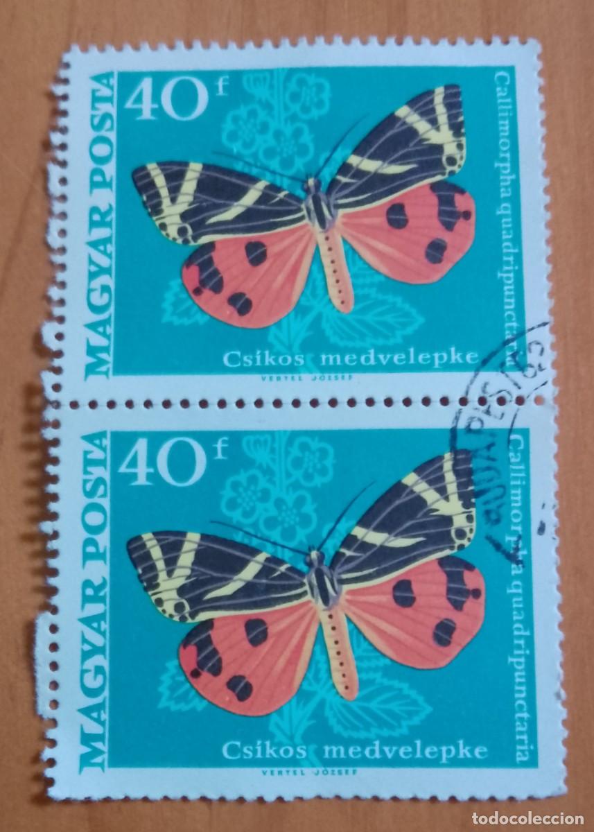 Sellos: HUNGRIA - V/F 40 F - FAUNA. MARIPOSA - TIRA CON DOS SELLOS