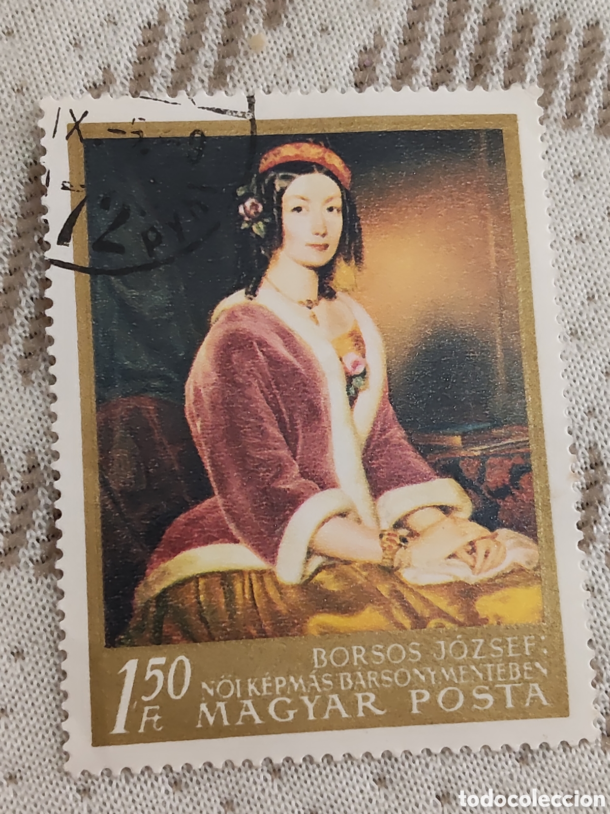 Sellos: Sello de Hungr&iacute;a pintura retrato de una mujer con peliza de terciopelo de Jozsef Borsos 1967