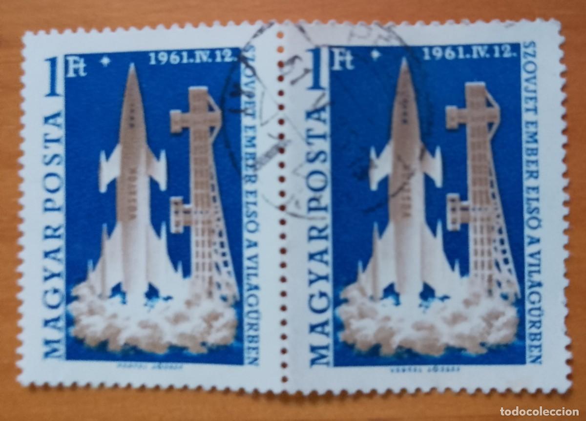 Sellos: HUNGRIA - V/F 1 FT - PROGRAMA ESPACIAL VOSTOK - 1961.IV.12 - TIRA CON 2 SELLOS