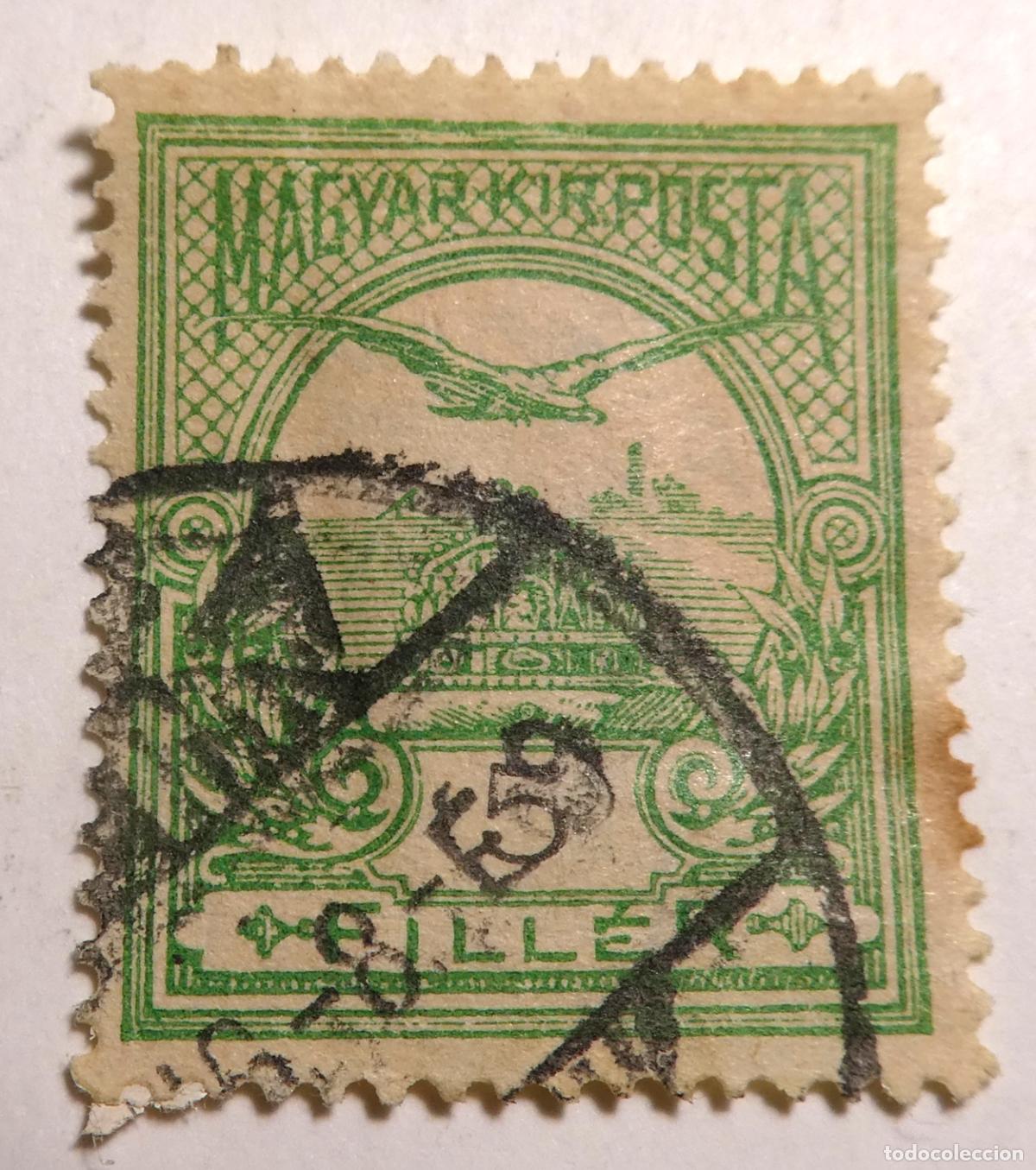 Sellos: Sello postal de 5 filler de Hungr&iacute;a 1900, serie del p&aacute;jaro Turul sobre la Corona de San Esteban