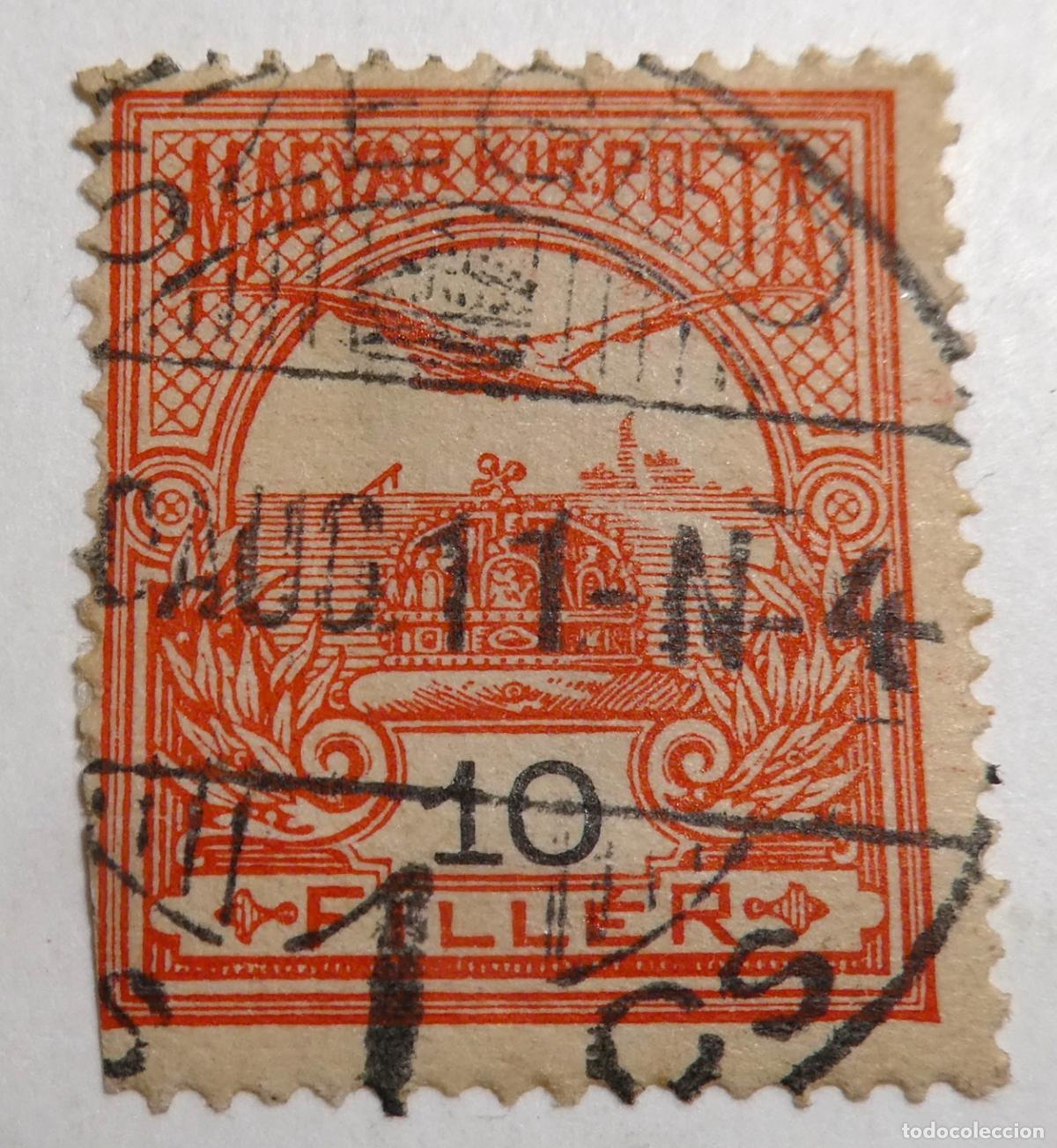 Sellos: Sello postal de 10 filler de Hungr&iacute;a 1900, serie del p&aacute;jaro Turul sobre la Corona de San Esteban