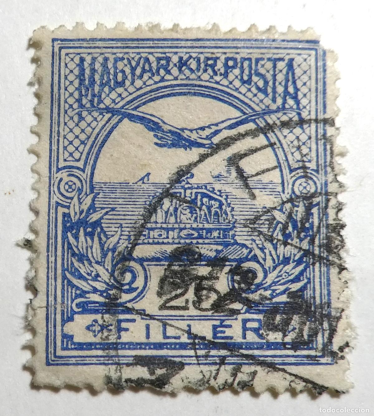 Sellos: Sello postal de 25 filler de Hungr&iacute;a 1900, serie del p&aacute;jaro Turul sobre la Corona de San Esteban