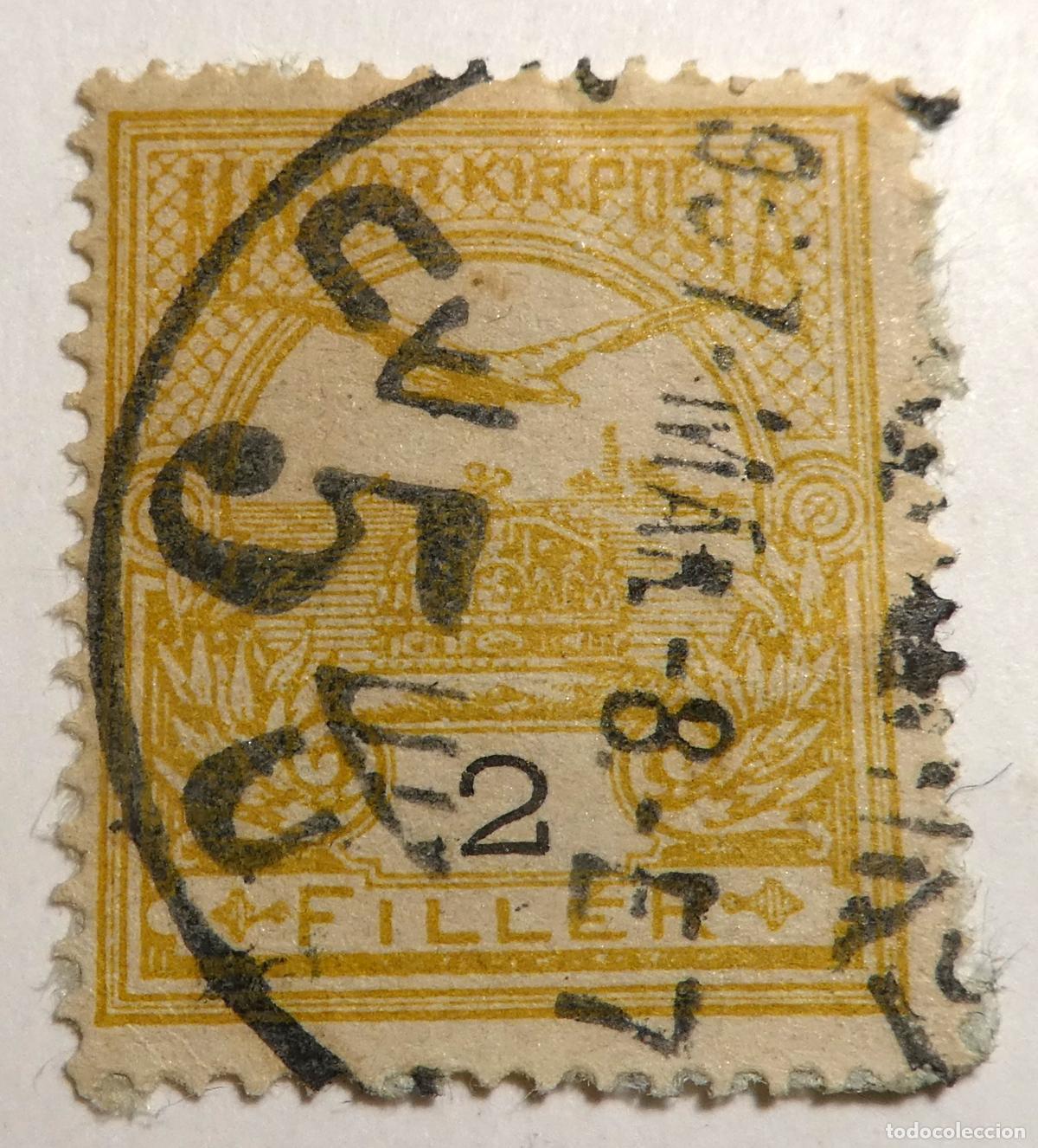 Sellos: Sello postal de 2 filler de Hungr&iacute;a 1908, serie del p&aacute;jaro Turul sobre la Corona de San Esteban