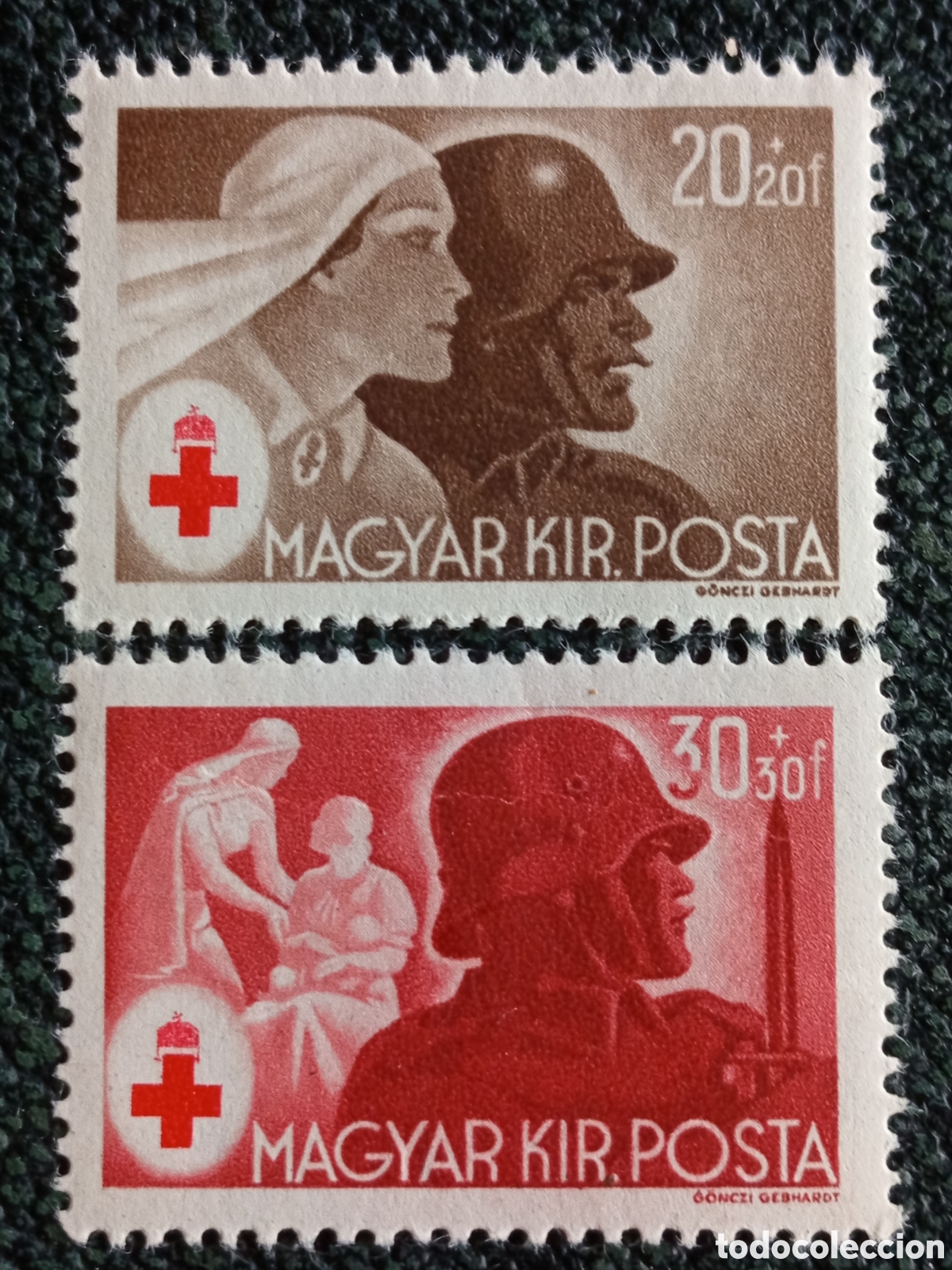 Sellos: &bull; Hungr&iacute;a 1944 Serie Cruz Roja 20f Marr&oacute;n y 30f Rojo G&ouml;nczi Gebhardt MNH