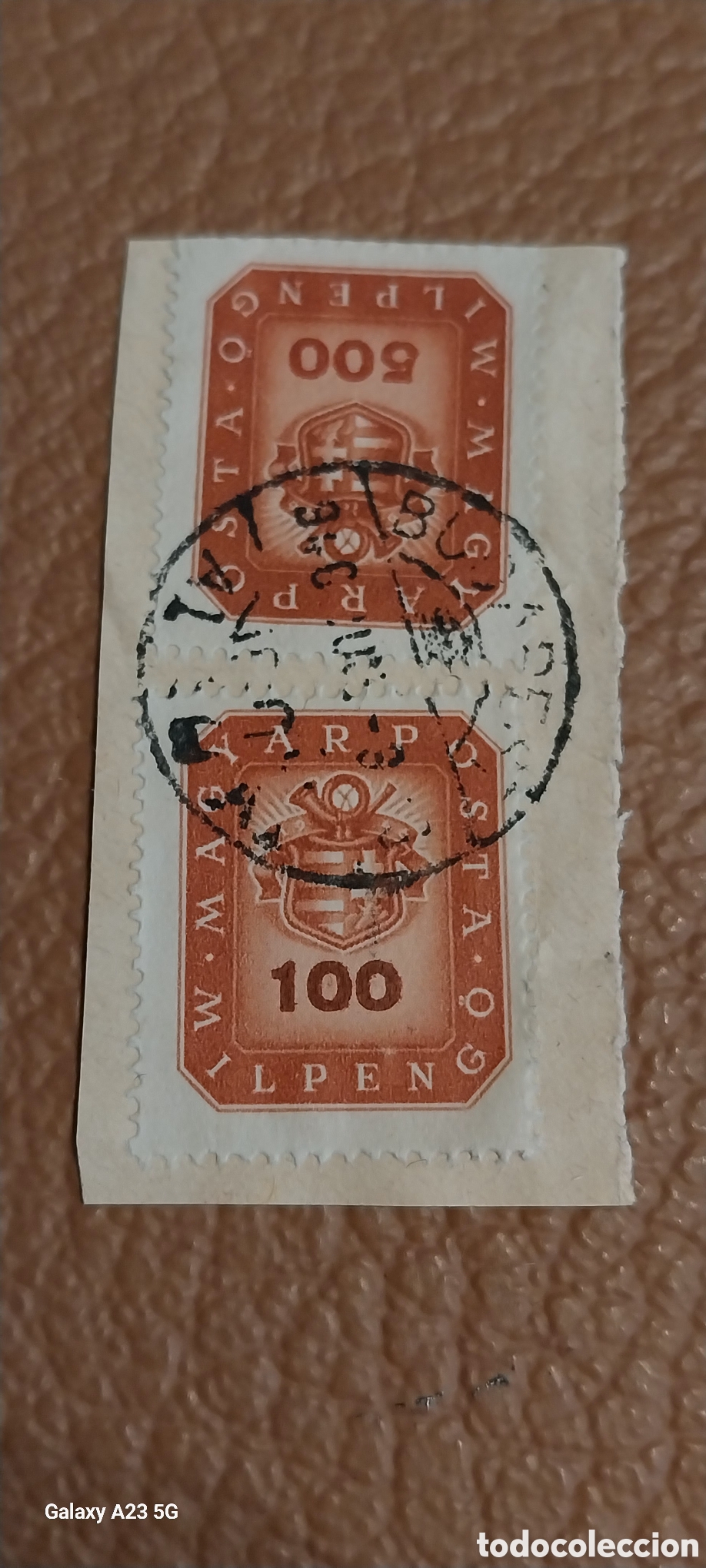 Selos: Fragmento Hungr&iacute;a 1916 Escudo Corona 100f y 500f Usados Cat Michel 181 y 185