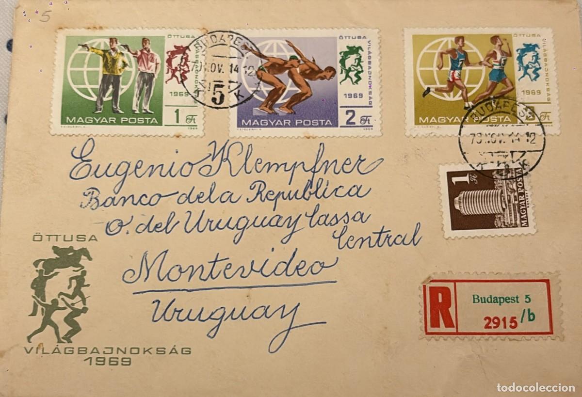 Sellos: TS.)1969, HUNGARY, BUDAPEST TO MONTEVIDEO, FIRST DAY COVER, FOUR STAMPS: GREEN (LEFT) &rdquo;MODERN PENTAT