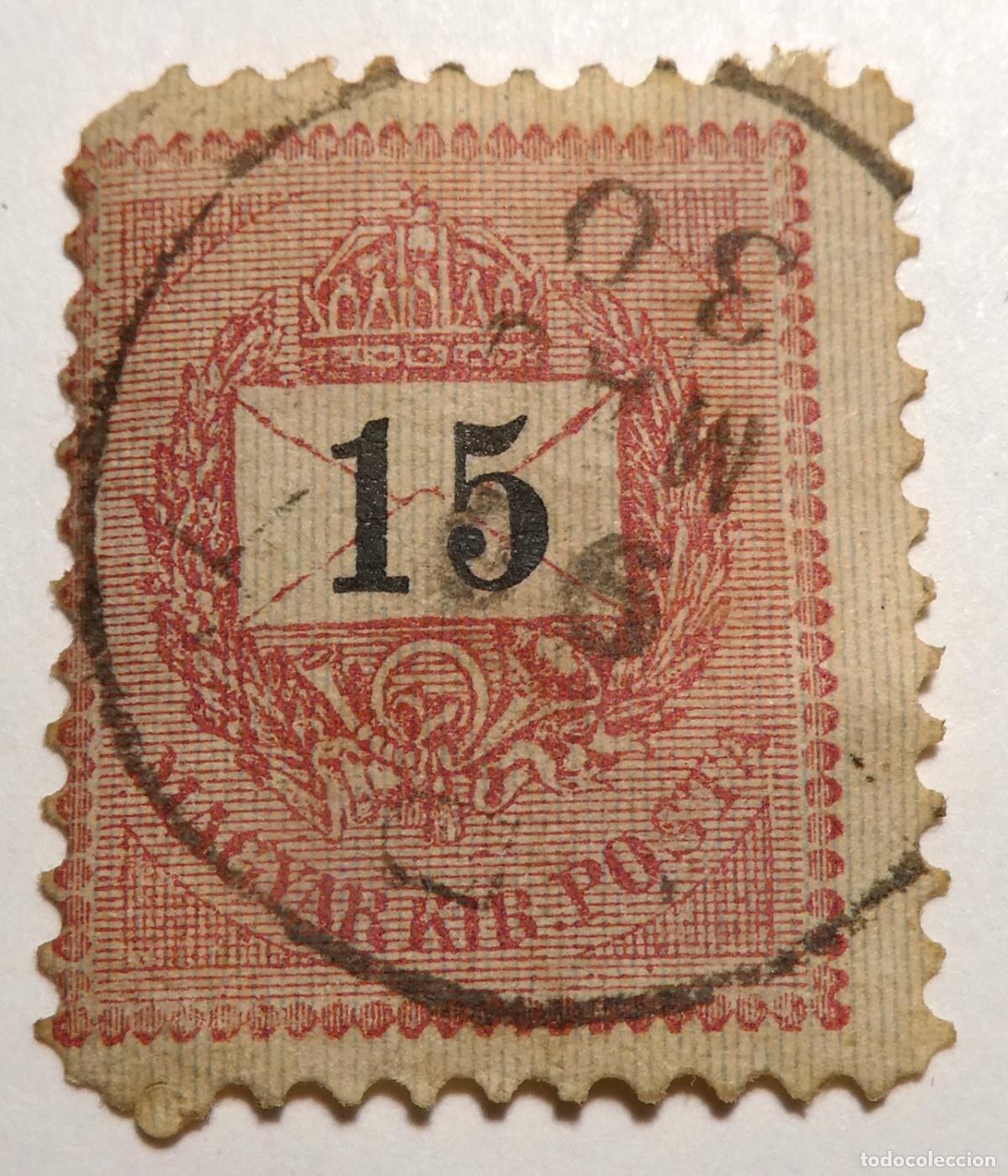 Sellos: Sello postal de 15 krajcz&aacute;r (corona roja y n&uacute;mero negro) 1888