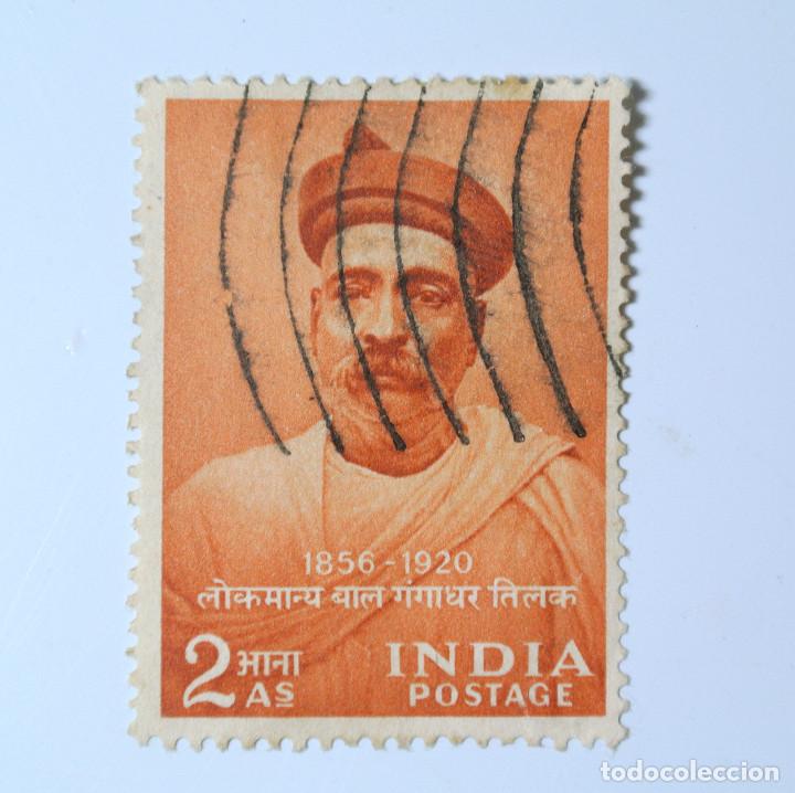 SELLO POSTAL INDIA 1956, 2 AS, 1856-1920 ANIVERSARIO NACIMIENTO BAL CANGADKAR TILAK, USADO (Sellos - Extranjero - Asia - India)