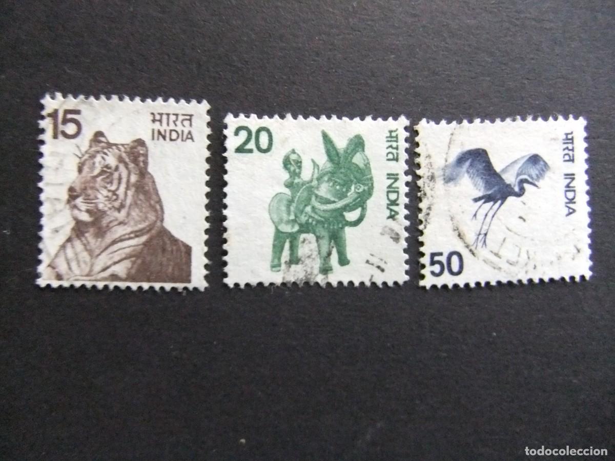 Sellos: 57 INDIA REPUBLICA 1974 / TIGRE JUGUETE GRULLA / YVERT 444 + 445 + 446 FU