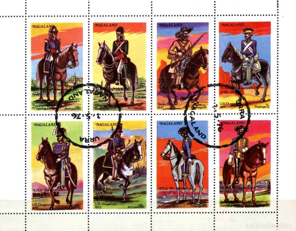 Sellos: NAGALAND 1976 SHEET USED MNH BICENTENARIO ESTADOS UNIDOS BICENTENNIAL UNITED STATES CABALLOS HORSES