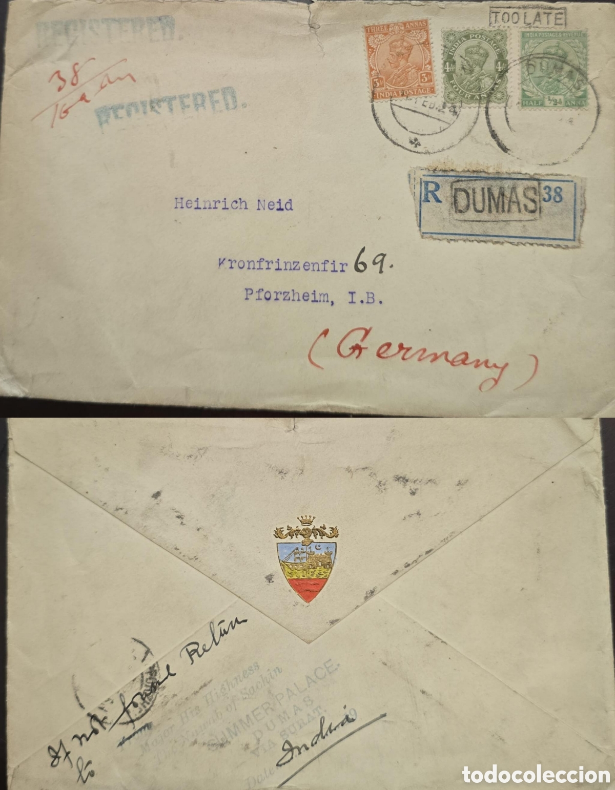 Sellos: Cy) 1900s India to Germany, registered envelope franked with three Indian postage stamps