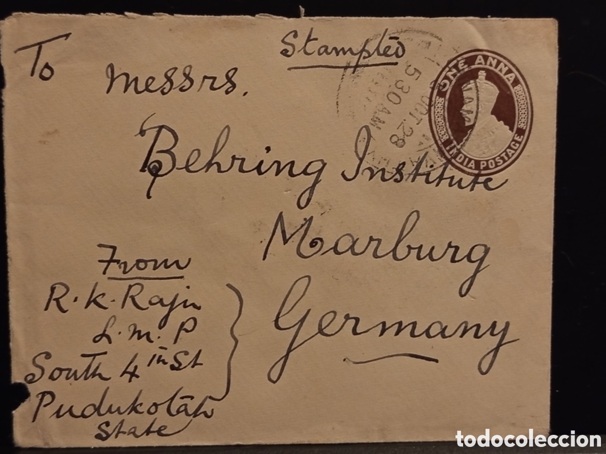 Sellos: Sobre postal de India a Alemania 1928 Behring Institute Pudukkottai