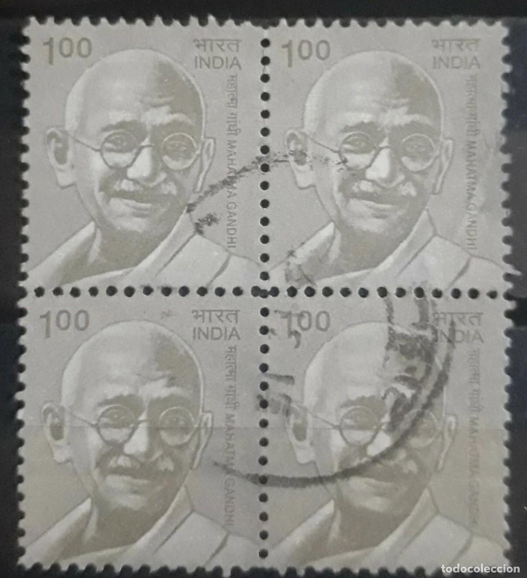Sellos: INDIA 2009 Personajes - Ghandi. BLOQUE DE 4. USADO.