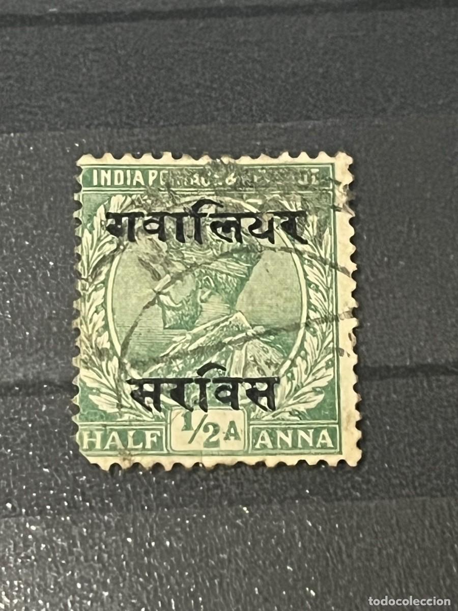 Sellos: GWALIOR-SELLO A&Ntilde;O 1913-JORGE V SOBRECARGA SERVICIO &frac12; ANNA VERDE-USADO-DENTADO 14