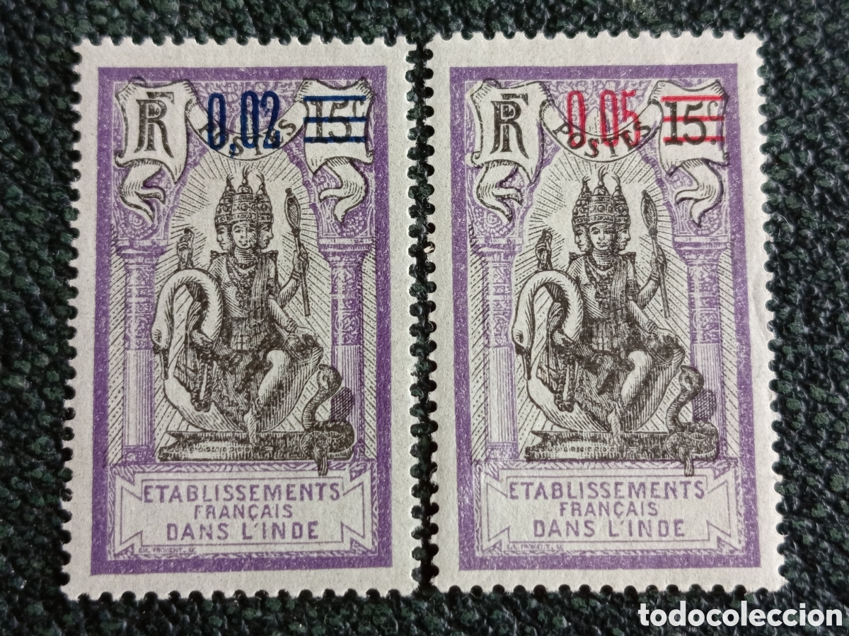 Sellos: India Francesa 1941 Sobretasa 0.02c/0.05c Bramha Pareja MH Marquilla Experto