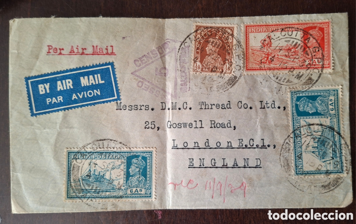 Sellos: Carta enviada desde India a londres inglaterra v&iacute;a a&eacute;rea censura Calcuta 1939