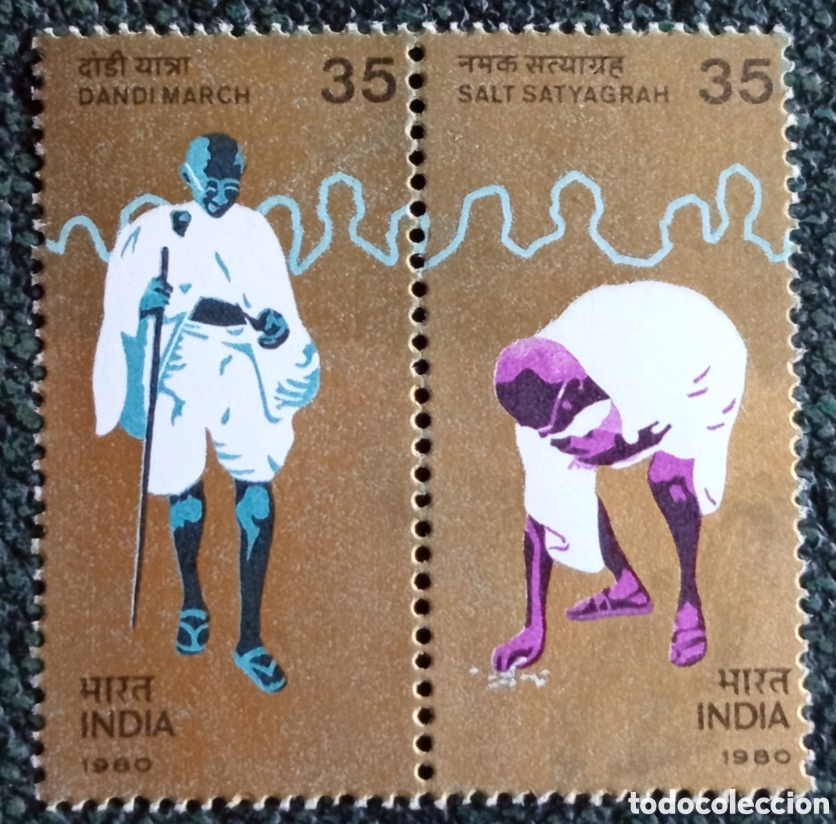 Sellos: Pareja Sellos India 1980 Mahatma Gandhi Marcha de la Sal MNH (Michel 842 / SC 877)