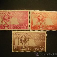 Sellos: INDONESIA 1958 IVERT 167/9 *** VICTORIA INDONESIA EN LA COPA THOMAS DE BADMINTON - DEPORTES. Lote 32230795