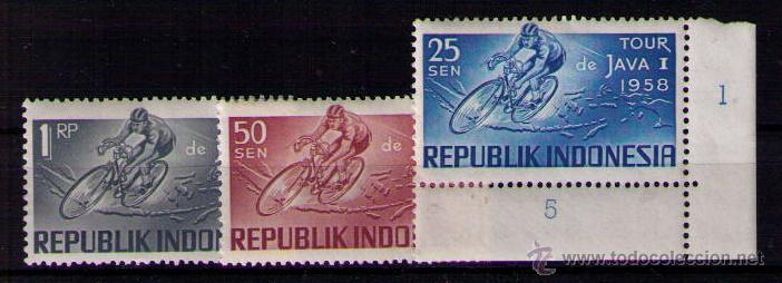 Sellos: INDONESIA 1958 - TOUR CICLISTA DE JAVA - YVERT N&ordm; 175-177 - Foto 1