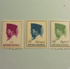 Sellos: INDONESIA 1964-66 - JEFES DE ESTADO - PRESIDENTE SUKARNO - 3 VALORES NUEVOS.