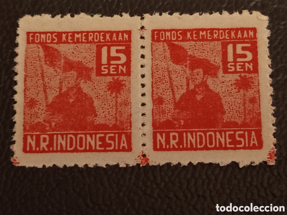Sellos: Par Sellos Indonesia 1946 Sumatra Palembang 15s Rojo MH - Fondo Independencia