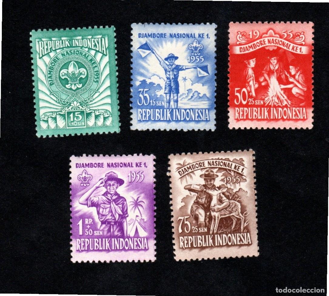 Sellos: As&iacute;a. Indonesia. Reuni&oacute;n Nacional de Scout. 1955. YT-92/96. Serie Completa. Usado