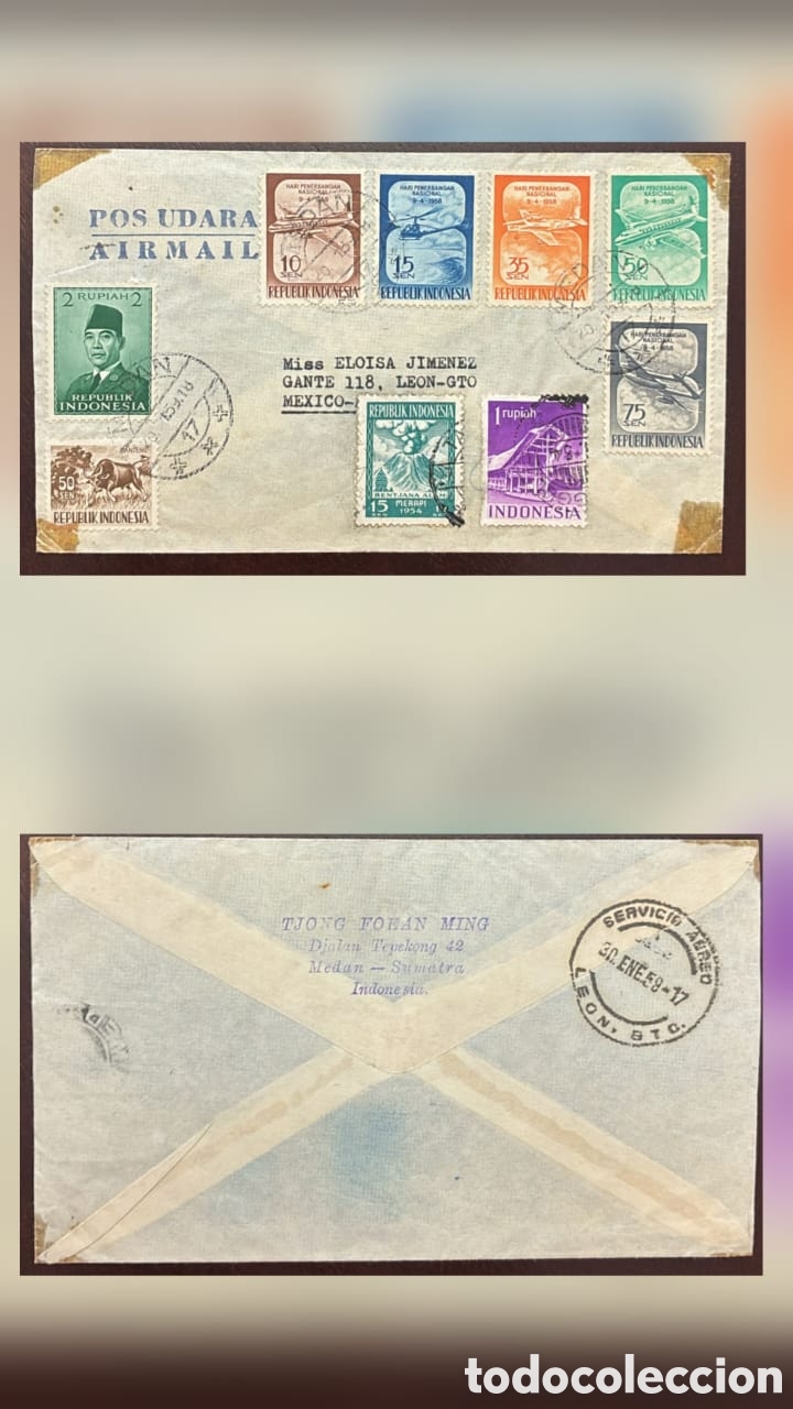 Sellos: CA)Indonesia.1947. Airmail International Letter. Colorful envelope sent from Medan, Sumatra to Le&oacute;n,