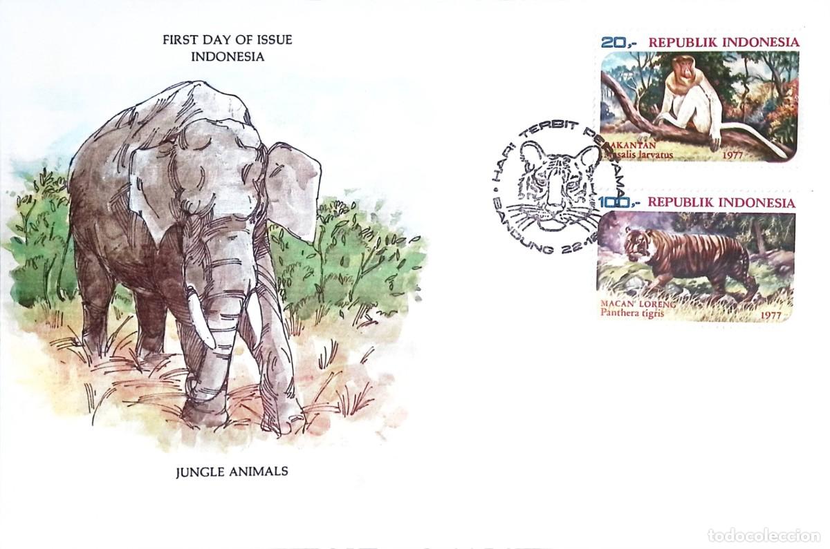 Sellos: O) 1977 INDONESIA, JUNGLE ANIMALS, ELEPHANT, MONKEY - NASALIS LARVFATUS, PANTHERA TIGRIS, HABITAT, B