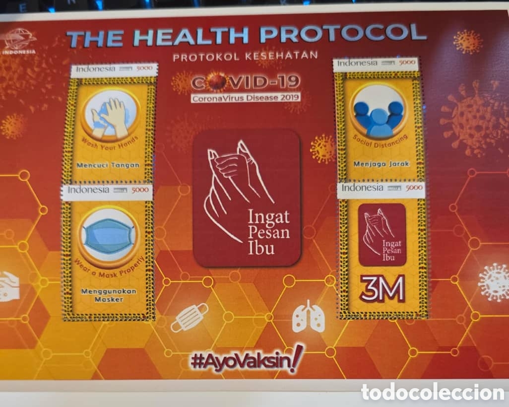 Sellos: CA)Indonesia + 2021 + COVID‑19 Health Protocol + Commemorative poster with four stamps (handwashing,