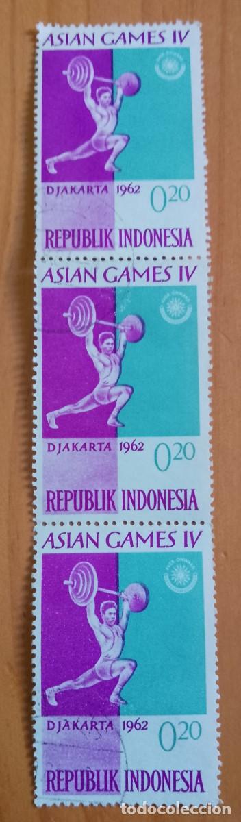 Sellos: INDONESIA - TIRA 3 SELLOS V/F 0,20 - DJAKARTA 1962 - ASIAN GAMES IV - JUEGOS ASI&Aacute;TICOS