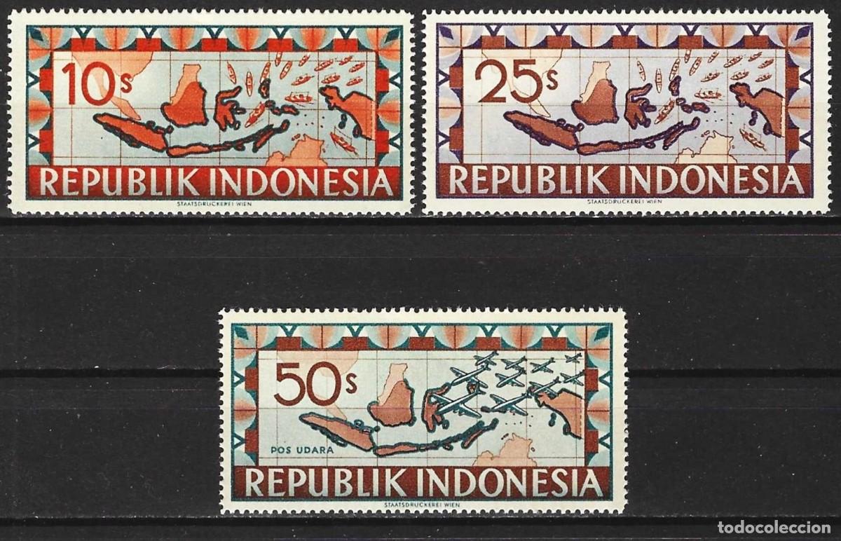 Sellos: Indonesia 1949 - Mi L 91 - 93 y 97 - Impresi&oacute;n de Viena : Mapa del pa&iacute;s - MNH**