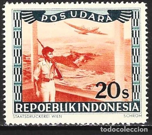Sellos: Indonesia 1948 - Mi L 28 - Impresi&oacute;n de Viena : Avi&oacute;n y soldado - MNH** ( A&eacute;reo )