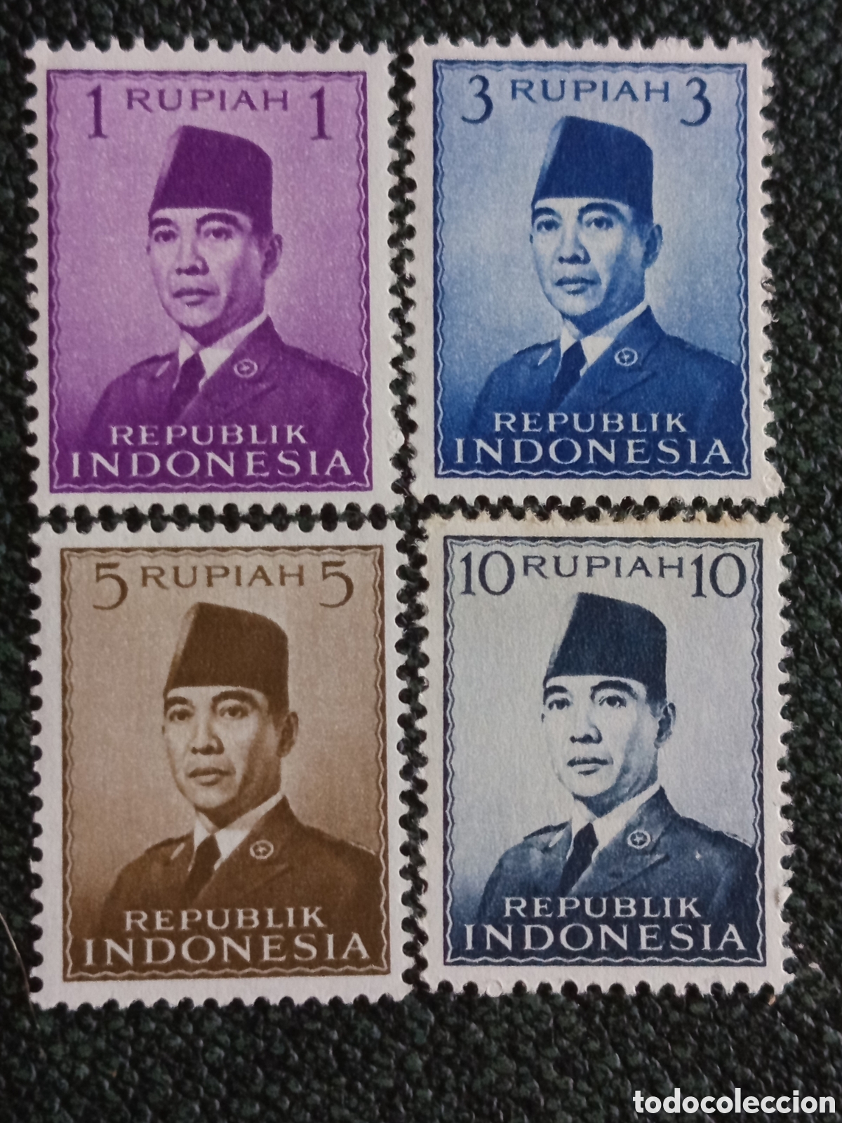 Briefmarken: Lote Indonesia 1951 Presidente Sukarno 1r 3r 5r 10r Scott 366-369 MH