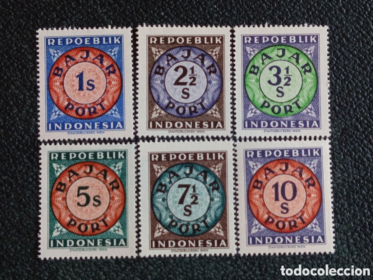Sellos: Indonesia 1948 Lote 6 Sellos Tasa Bajar Port Imprenta Viena MNH Scott J1/J6