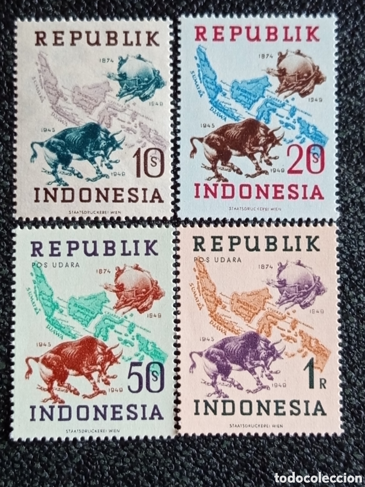 Sellos: Indonesia 1949 Lote 4 Sellos Buey B&uacute;falo y Mapa MNH Imprenta Viena Scott 54/57