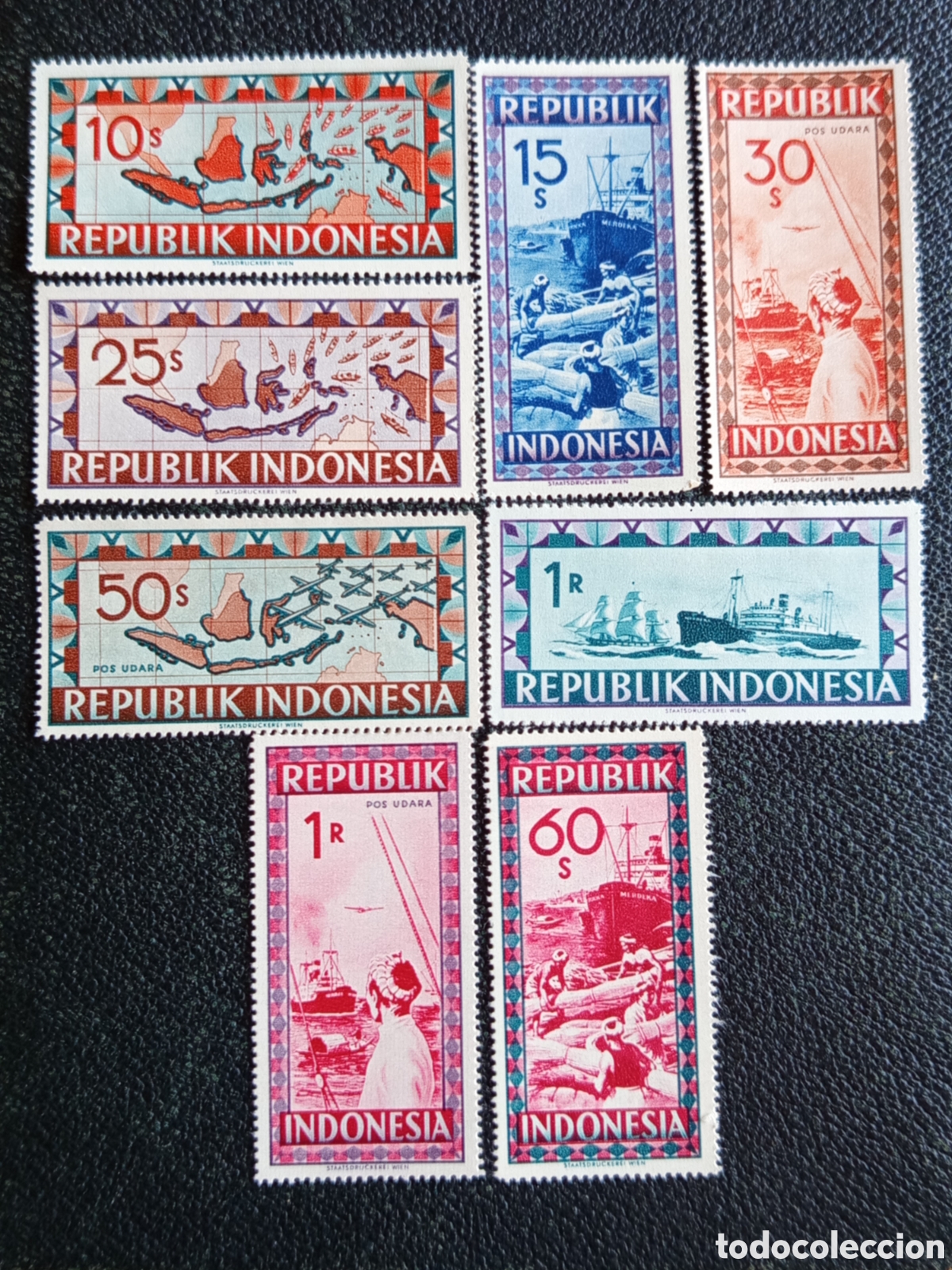 Sellos: Indonesia 1949 Lote 8 Sellos Mar&iacute;timo y Aviaci&oacute;n MNH Viena Scott 58/62 C3/C5