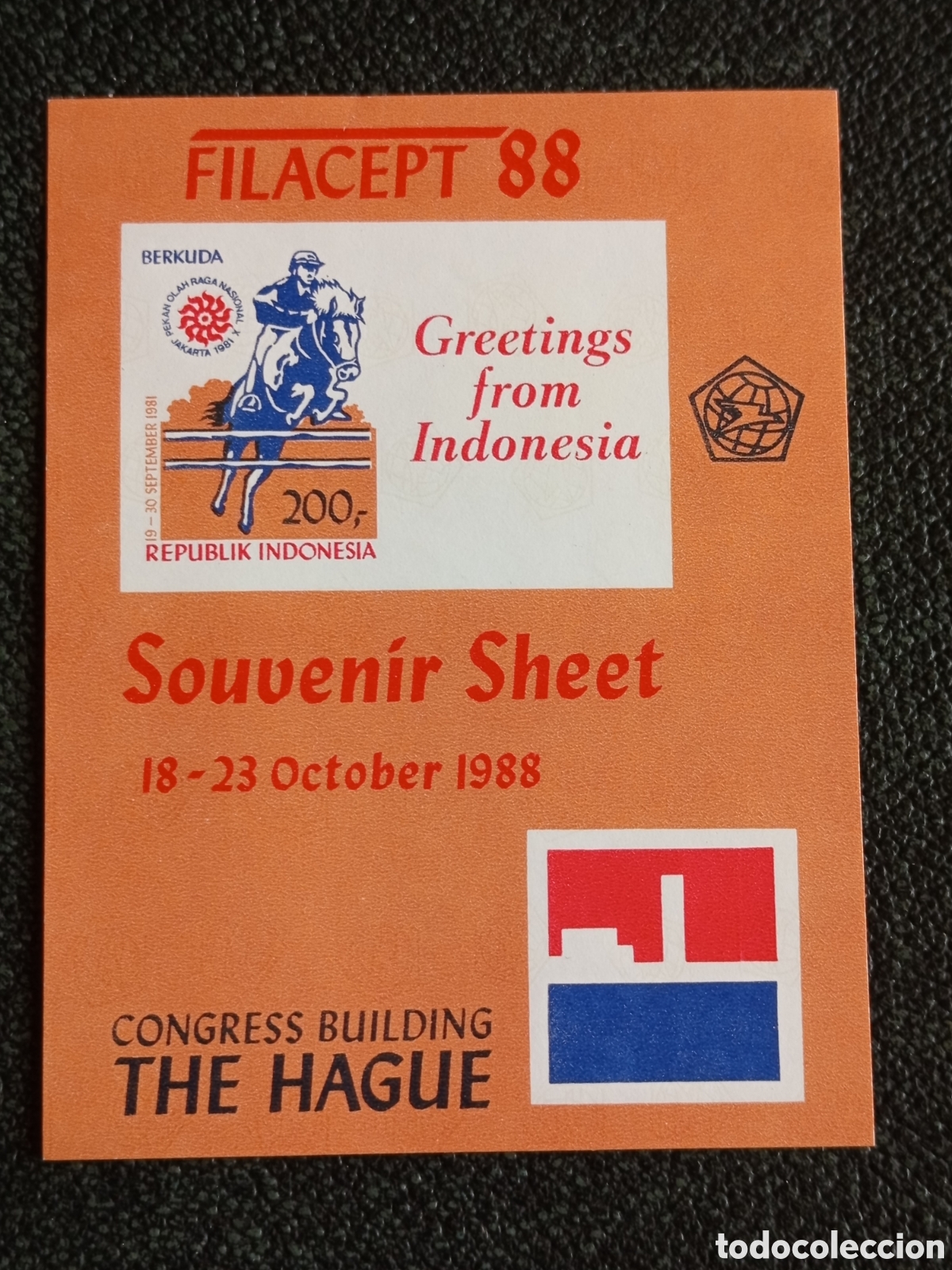 Timbres: Hoja Bloque Indonesia 1988 H&iacute;pica Filacept La Haya Sin Dentar MNH Scott 1374a