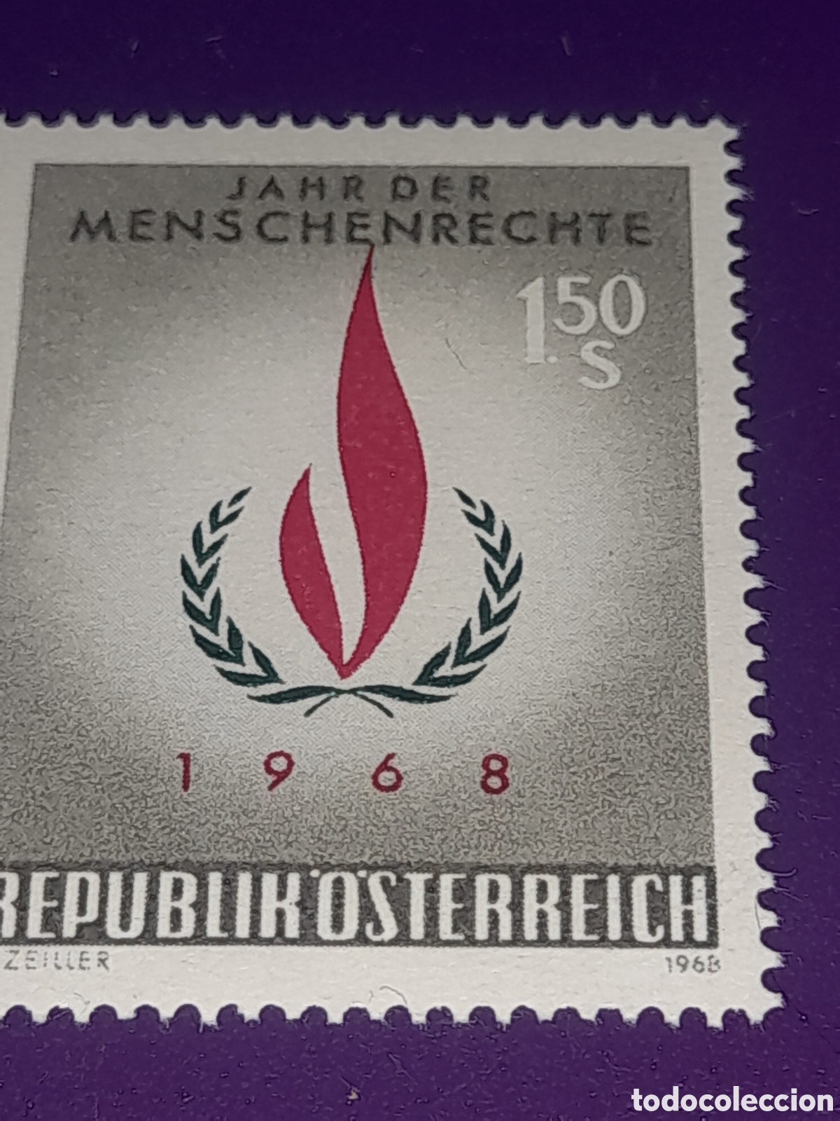 Sellos: Sello Austria nuevo 1968. A&ntilde;o inter Derechos Humanos. UNICEF. Llama. Rama laurel.