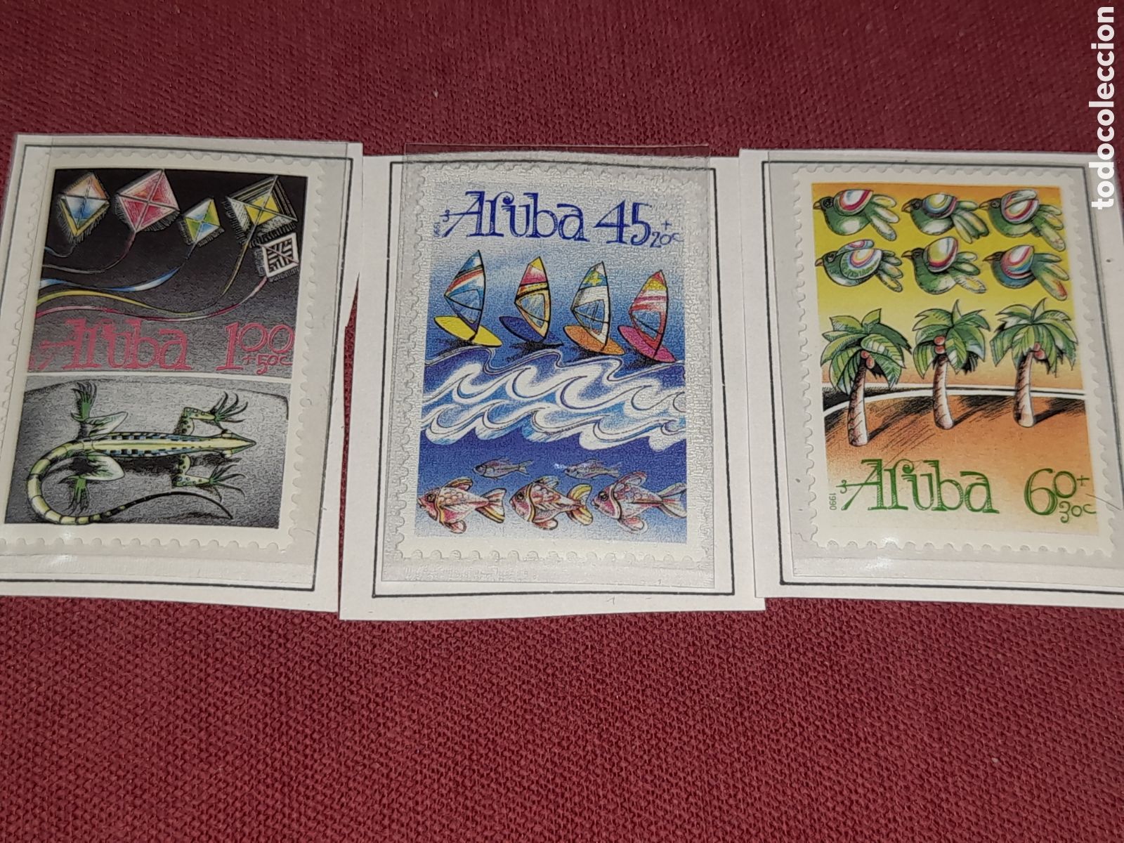 Sellos: Sello Aruba nuevo 1990. Pro infancia. Lagarto. Fauna. Cometas. Juegos. Aves. P&aacute;jaros. Palmera Velero