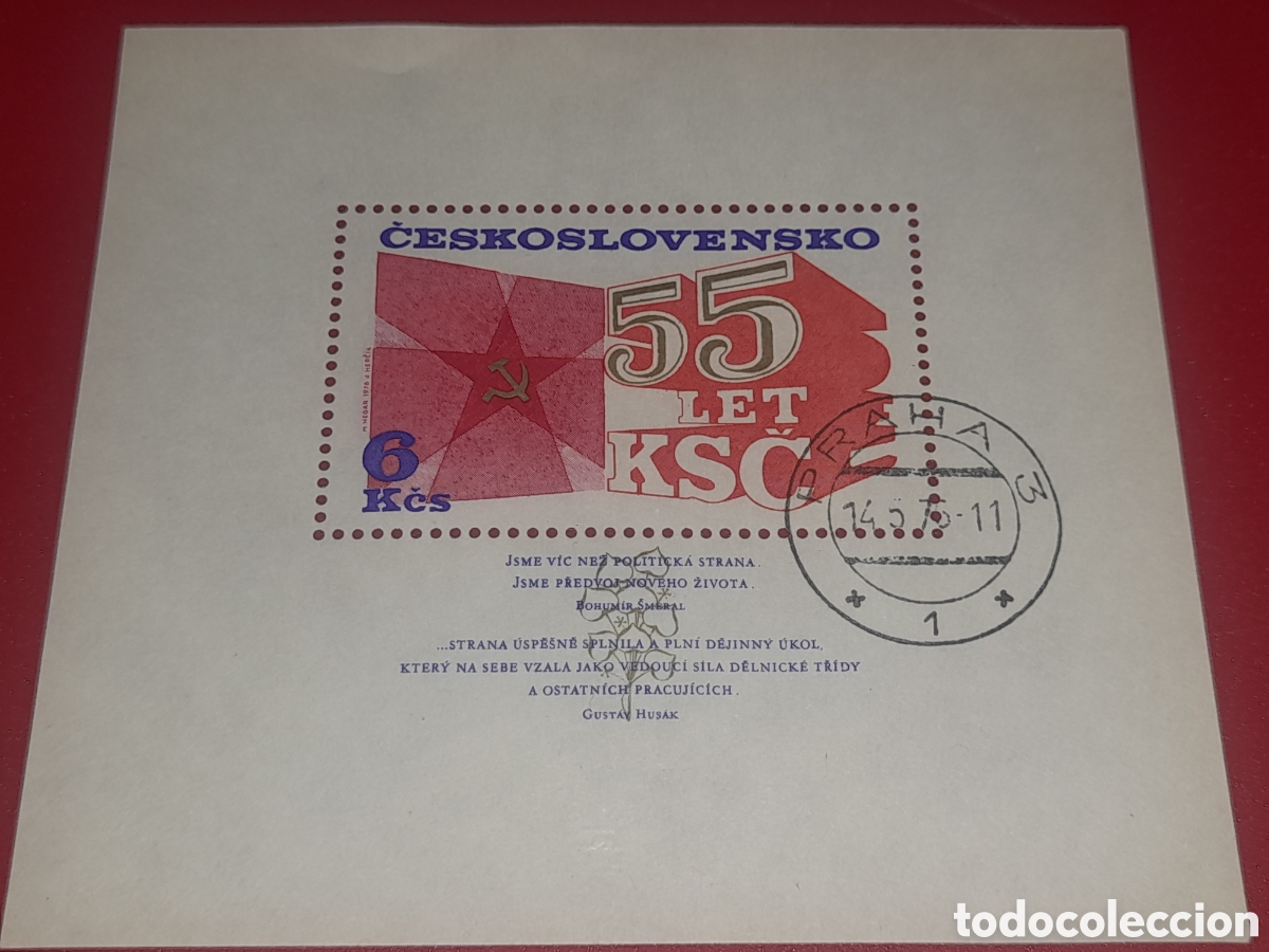 Sellos: HB Checoslovaquia mtdo 1977. 55Aniv partido comunista. Historia. Estrella. Emblema. Letras. N&uacute;meros
