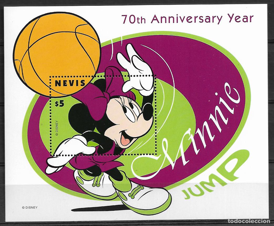 Sellos: NEVIS 1993, HOJA BLOQUE Mi 153 TEMA WALT DISNEY - 70 ANIVERSARIO MINNIE. MNH.