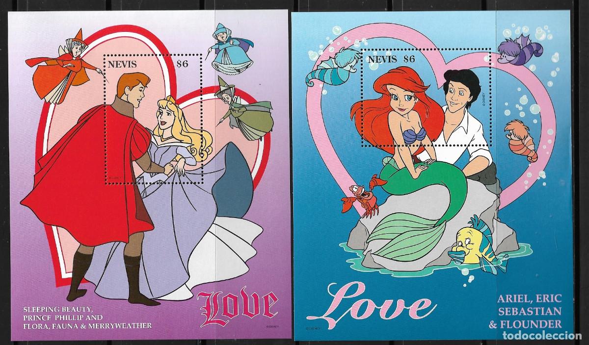Sellos: NEVIS 1996, HOJAS BLOQUE Mi. 112/13 - TEMA WALT DISNEY - SAN VALENT&Iacute;N - . MNH.