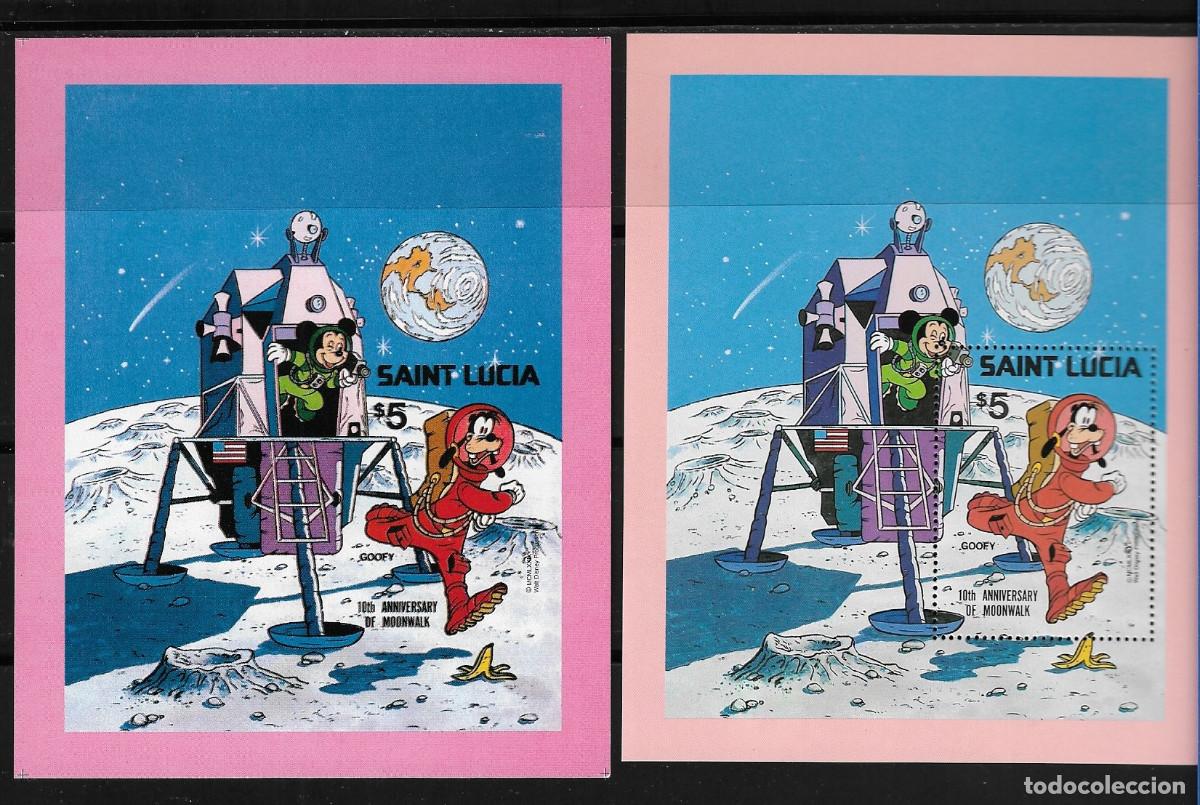 Sellos: SANTA LUCIA 1980, HOJAS BLOQUE DENTADA Y SIN DENTAR - WALT DISNEY - 10&ordm; Aniv. Hombre en la Luna. MNH