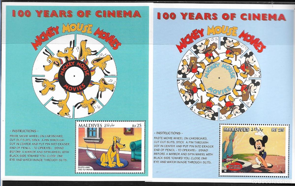 Sellos: MALDIVAS 1996, HOJAS BLOQUE Mi. 375/76 - WALT DISNEY - 100 A&Ntilde;OS DE CINE. MNH