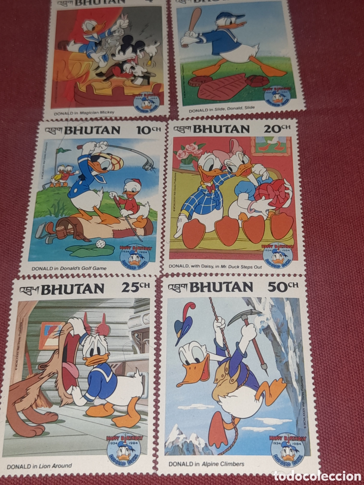 Sellos: Sello (6/9v) Bhut&aacute;n nuevo 1984. Disney. 40Aniv pato Donald. Dibujos. Animaci&oacute;n. Animales. Aves.